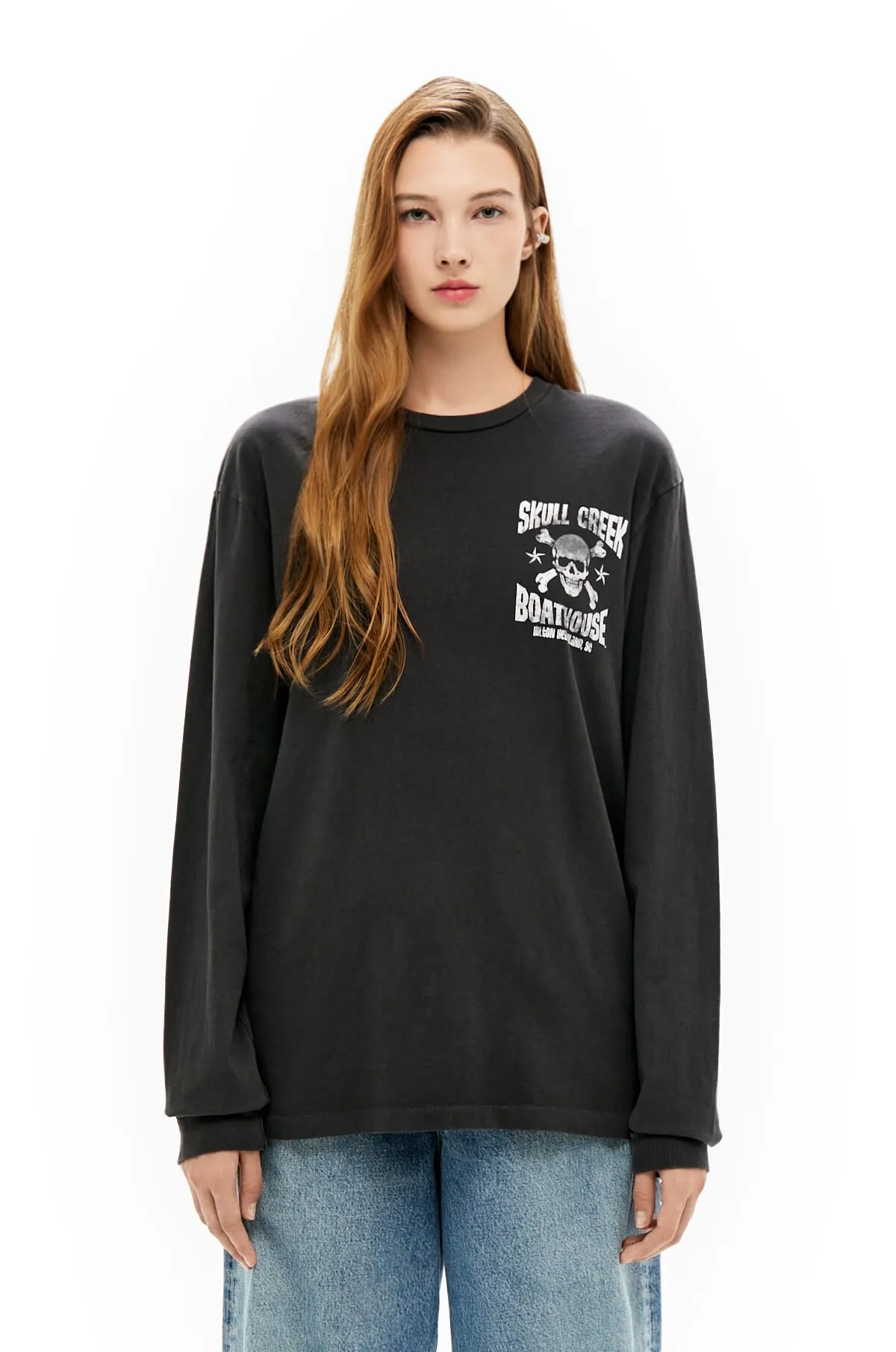 GALLERY DEPT. SKULL CREEK L/S TEE/BLK Glitter skull surf long sleeves, washed black S-XL, genuine development, correct version, garment dyed, washed and distressed, printing has a full sense of distress